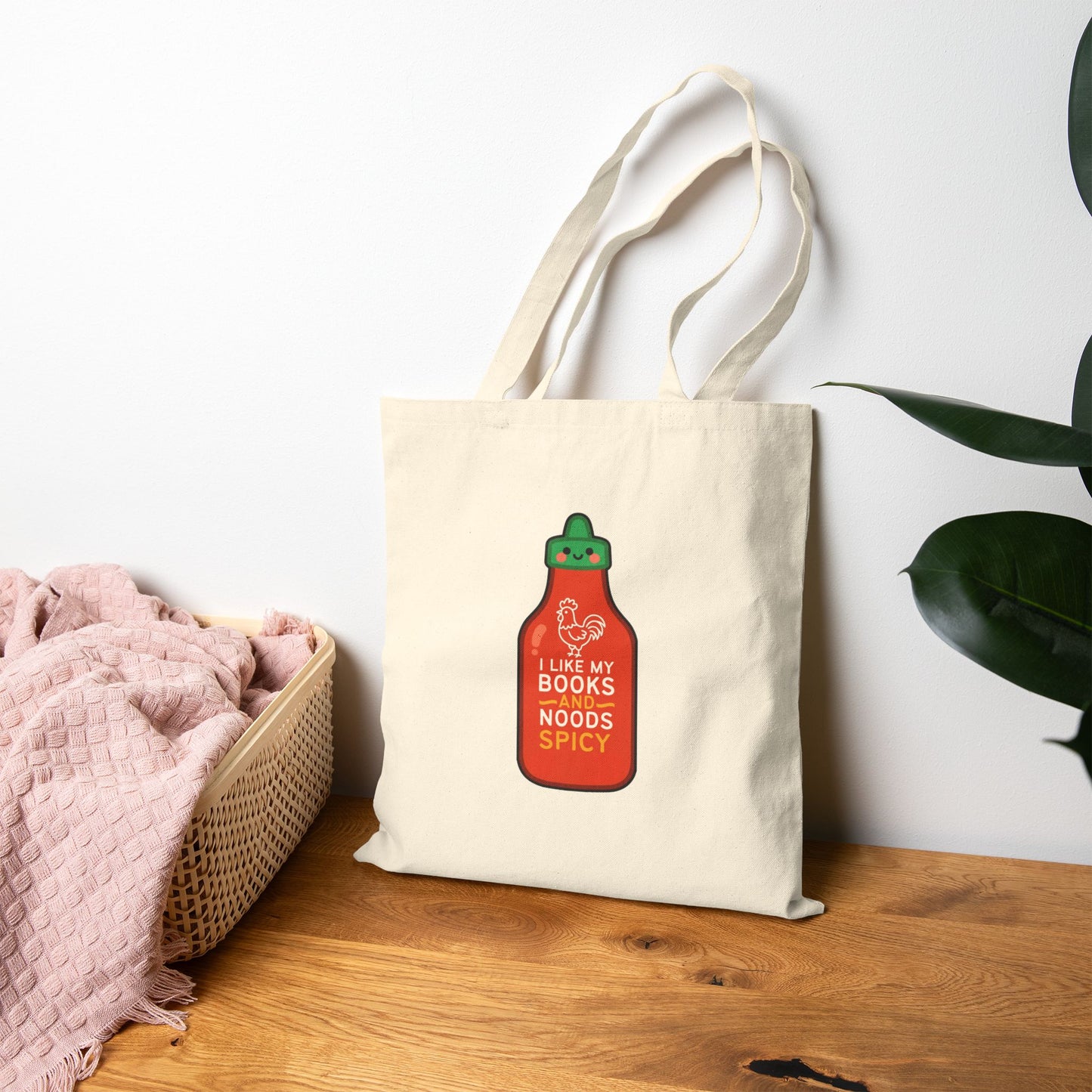 Spicy Reader Cotton Canvas Tote Bag - "Books & Noods" (Sriracha Bottle Only)