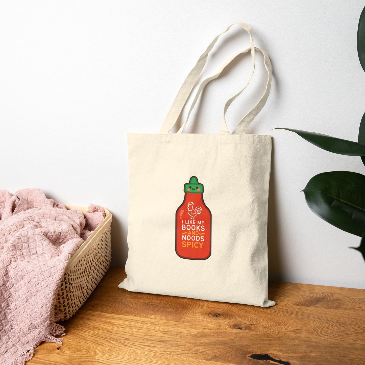 Spicy Reader Cotton Canvas Tote Bag - "Books & Noods" (Sriracha Bottle Only)