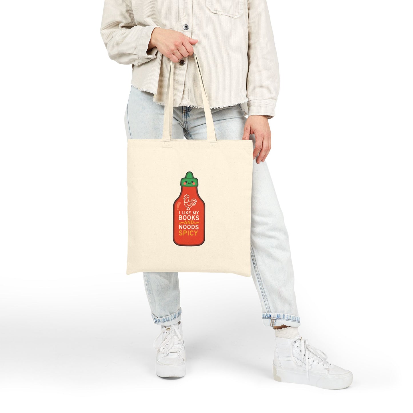 Spicy Reader Cotton Canvas Tote Bag - "Books & Noods" (Sriracha Bottle Only)