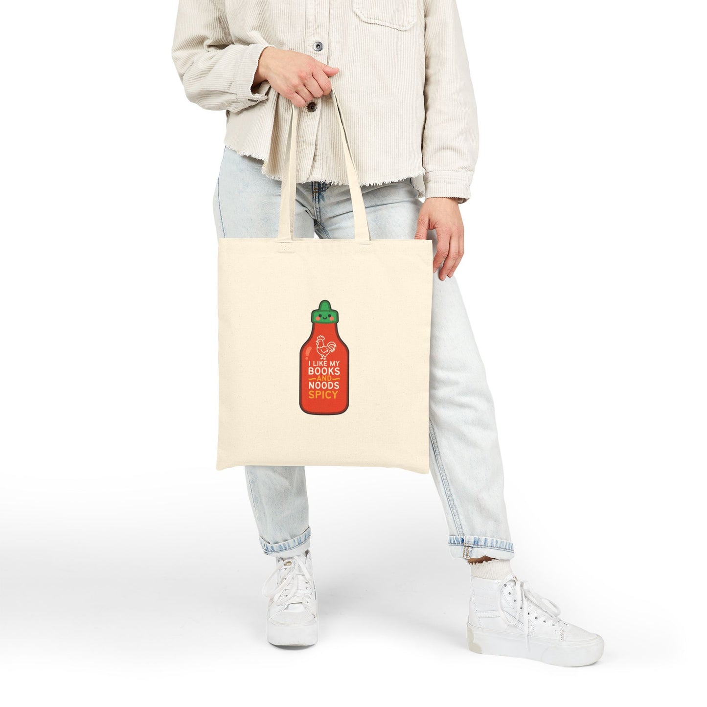 Spicy Reader Cotton Canvas Tote Bag - "Books & Noods" (Sriracha Bottle Only)
